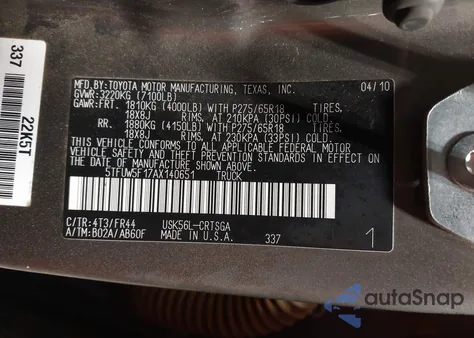 2010 Toyota Tundra Grade 5.7L V8 from USA, damaged, VIN 5TFUW5F17AX140651